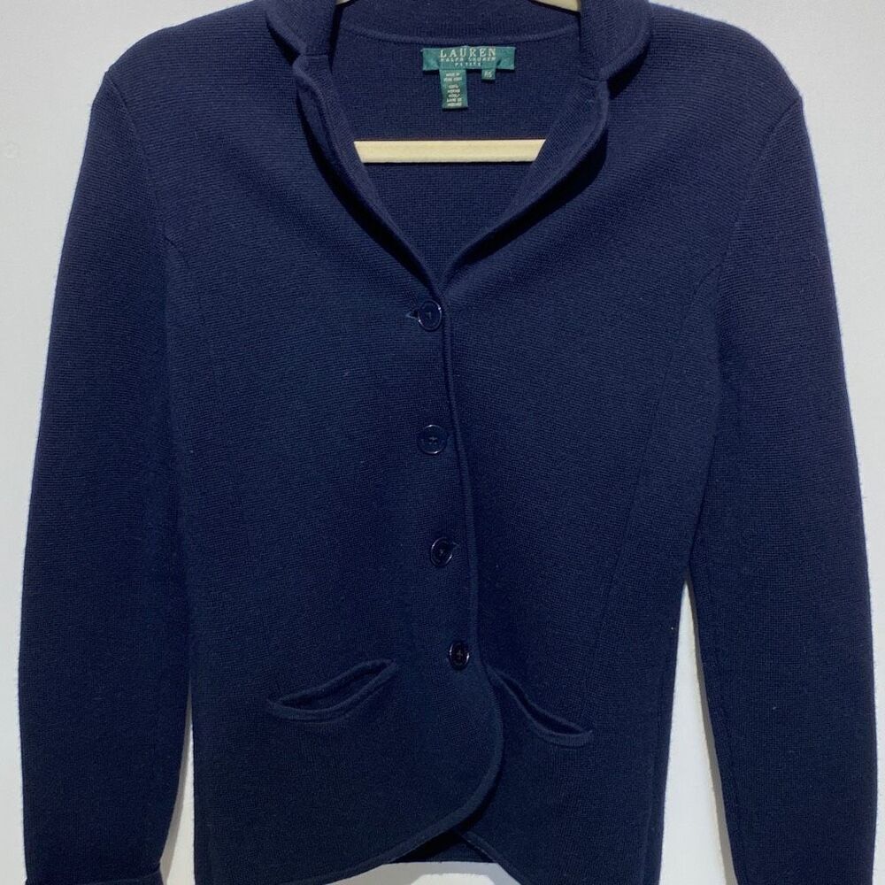 Lauren Ralph Lauren Womens Navy 100% Merino Wool Collared Cardigan Sweater Small
